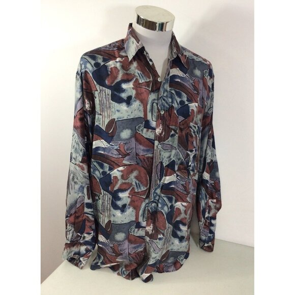 Vintage Thums Up Silk Geometric Print Shirt 90’s Style Mens Large - Picture 1 of 8